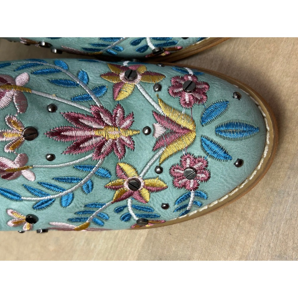 Tinstree Mint Green Floral Embroidered Studded Slingback Block Heel Booties 8 - Picture 6 of 12